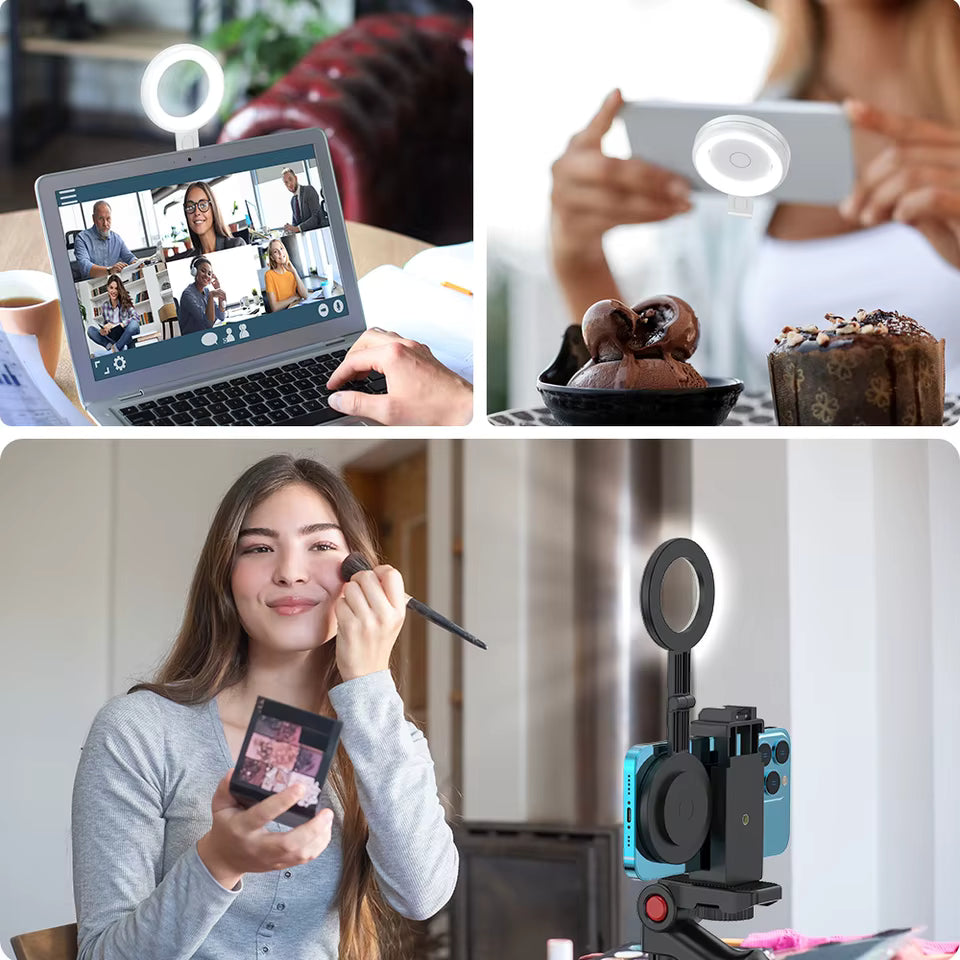 Foldable Magnetic Selfie Fill Light with Makeup Mirror – 3 Modes, Adjustable Brightness, Rotatable Mini Photography Light