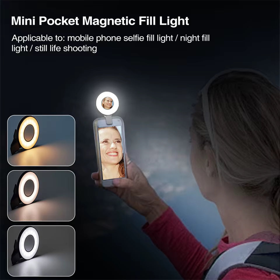 Foldable Magnetic Selfie Fill Light with Makeup Mirror – 3 Modes, Adjustable Brightness, Rotatable Mini Photography Light