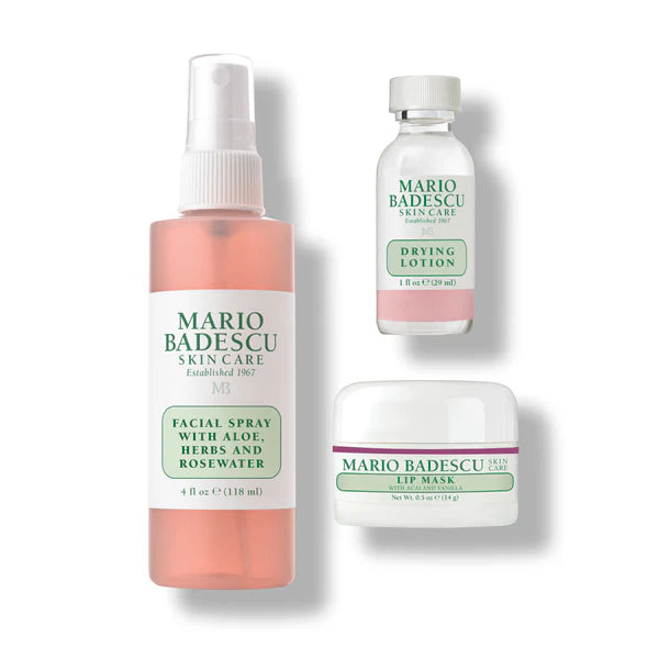 Mario Badescu Essentials 5-Piece Skincare Gift Set with Drying Lotion, Rose Water Spray, Silver Powder, Cleansing Gel & Flower Tonic Mask