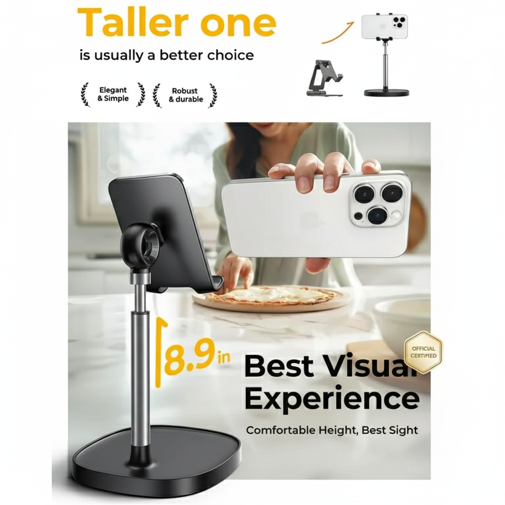 LISEN Adjustable Cell Phone & Tablet Stand – Desk Phone Holder, Office & Gaming Accessory, Fits iPhone, iPad, Switch, Kindle, 4–10" Devices