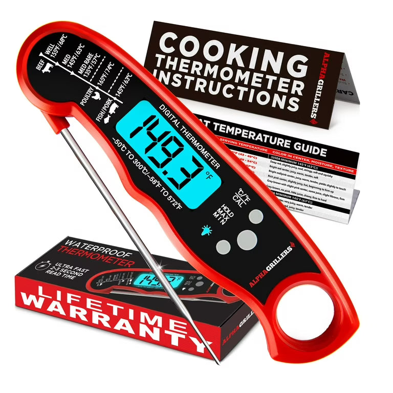 Alpha Grillers Instant Read Meat Thermometer for Cooking and BBQ Griddle - Waterproof w/Backlight & Calibration for Food, Oven, Air Fryer Accessories